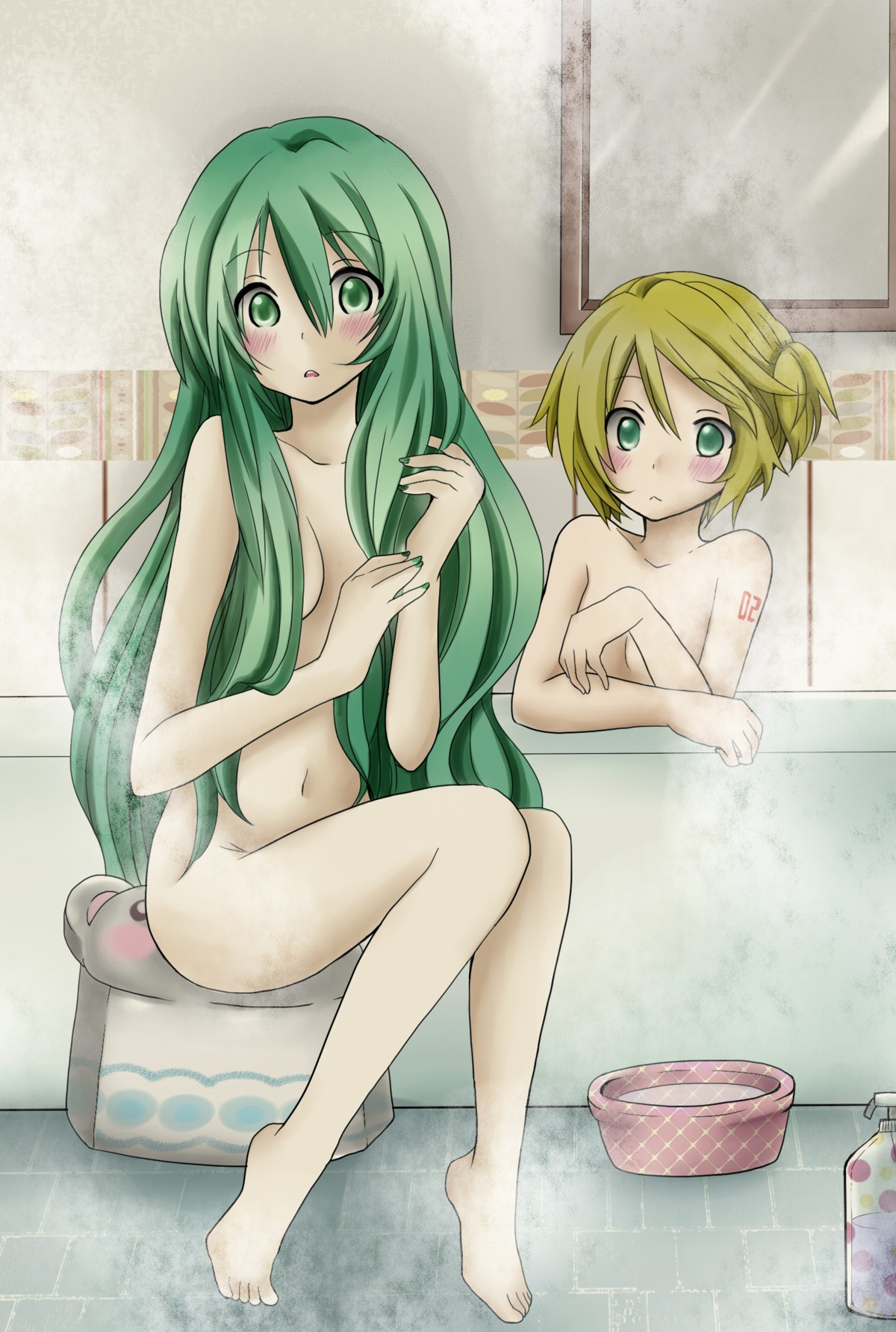 1boy 1girl barefoot bath bathroom blonde_hair blush female green_eyes green_hair hatsune_miku kagamine_rin long_hair mirror navel nude rule34 short_hair sitting tagme tonamw very_long_hair vocaloid