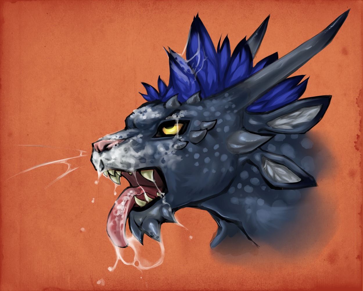 2014 ambiguous_gender black_body black_fur black_lips blue_hair bodily_fluids charr cum cum_from_offscreen cum_in_hair cum_in_mouth cum_inside cum_on_face cum_on_tongue cumshot e621 ejaculation fangs felid female feral fur genital_fluids guild_wars hair headshot_portrait horn inner_ear_fluff lips long_mouth looking_up mammal multi_ear neon_(artist) nicky_boomer no_sclera open_mouth orange_background orgasm pink_nose portrait sharp_teeth short_hair side_view simple_background snout solo spots teeth textured_background tongue tongue_out tuft yellow_eyes