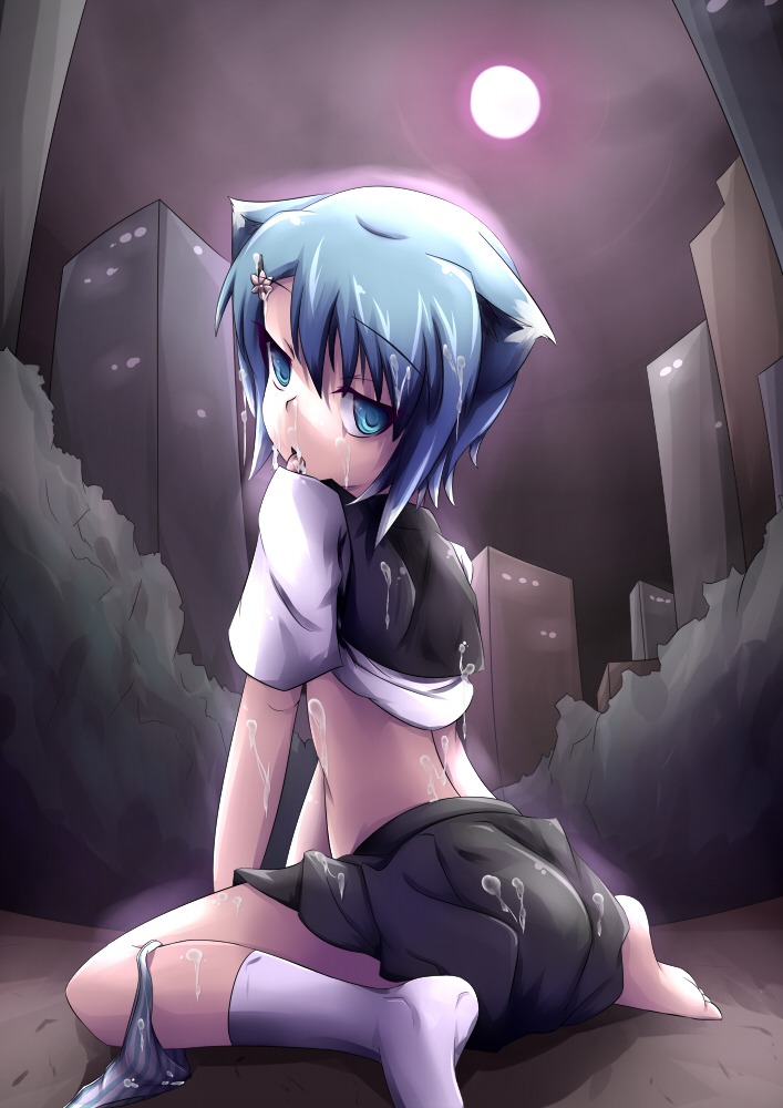 animal_ears ast_exception cat_ears copyright_request cum female moon panties panties_around_leg panties_around_one_leg rule34 school_uniform serafuku striped striped_panties underwear