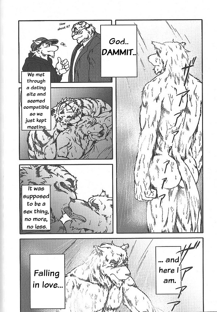 age_difference anthro canid canine canis comic dialogue duo e621 english_text felid greyscale jin_(artist) male mammal mature_anthro mature_male monochrome pantherine penetration solo text tiger translated wolf