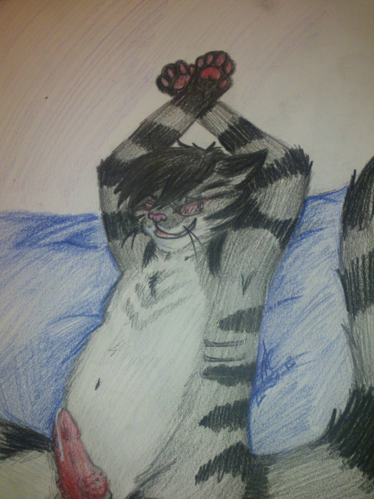 4:3 absurd_res biped blush bodily_fluids domestic_cat e621 erection eyewear felid feline felis genital_fluids genitals gills glasses hatana_ripley hi_res knot maine_coon male mammal nude paws penile_spines penis precum sideways slightly_chubby solo submissive technis_ripley traditional_media_(artwork) wrong_aspect_ratio