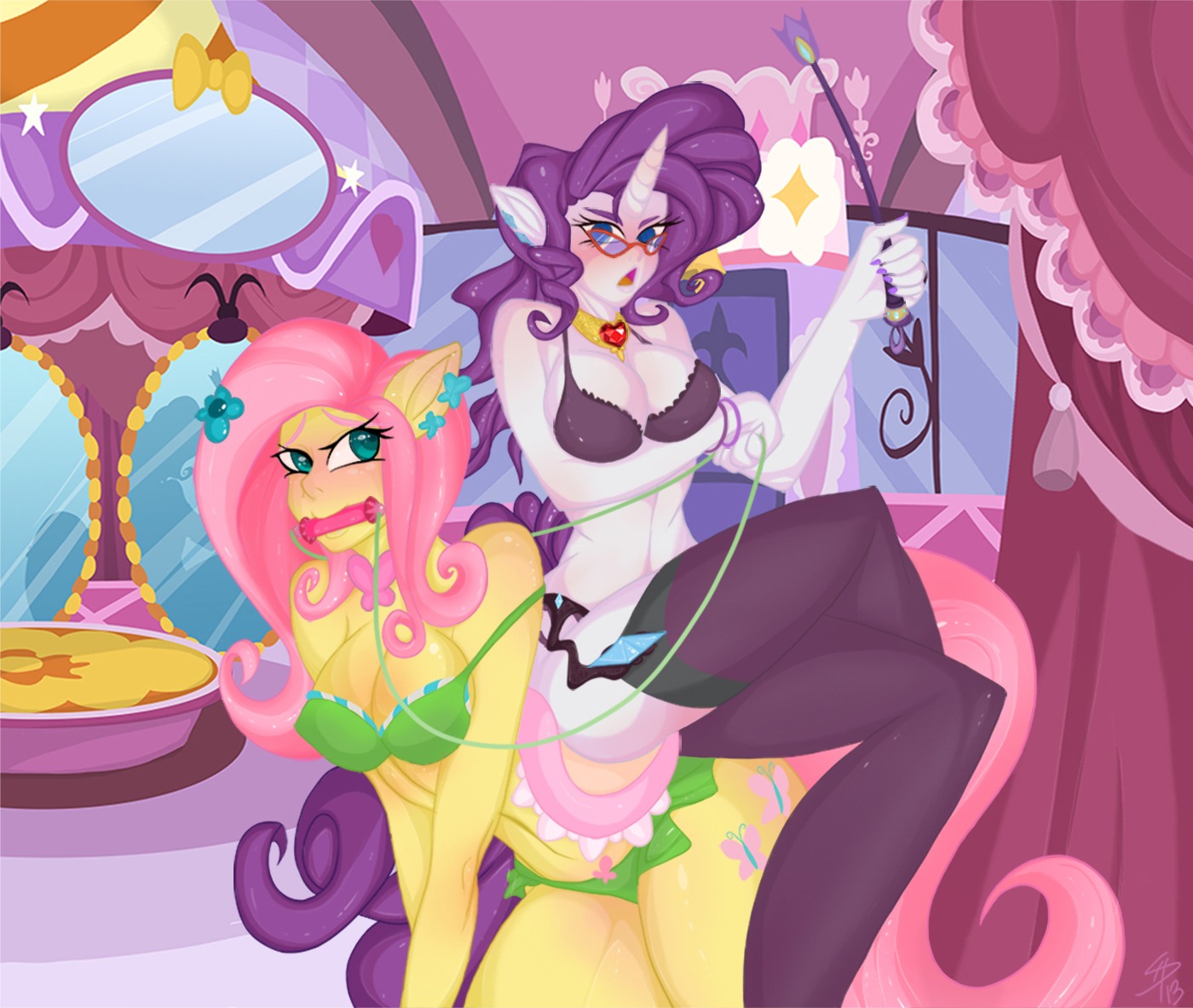 2013 all_fours anthro anthrofied bdsm blue_eyes blush bondage bound bra breasts bridle cleavage clothed clothing cutie_mark dominatrix duo e621 ear_piercing equid equine eyewear falleninthedark female fluttershy_(mlp) friendship_is_magic glasses green_eyes hair hasbro horn horse inside leash legwear long_hair looking_back looking_down looking_up mammal mirror my_little_pony mythological_creature mythological_equine mythology open_mouth panties piercing pink_hair pony purple_hair rarity_(mlp) ribbons riding_crop sitting skimpy stockings tail thick_thighs underwear unicorn whip white_body white_skin yellow_body yellow_skin