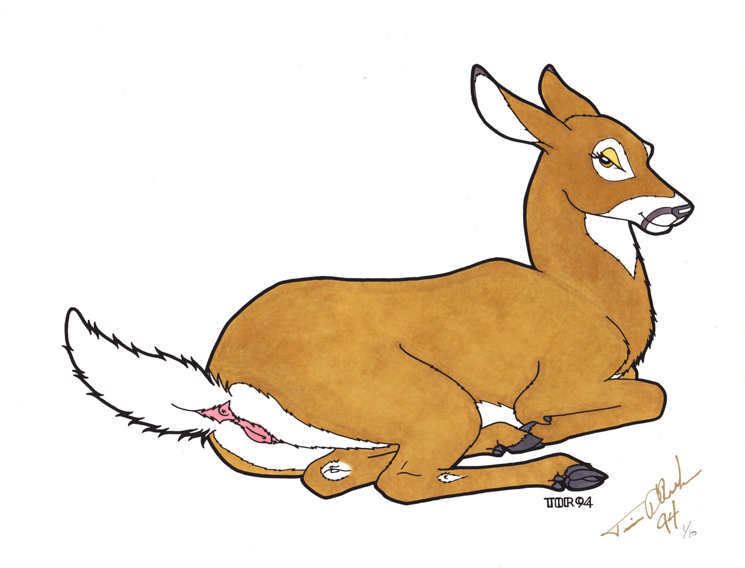 1994 absurd_res animal_genitalia animal_vulva anus bedroom_eyes brown_body brown_eyes brown_fur butt cervine_genitalia cervine_vulva cloven_hooves deer e621 eyelashes female feral fur genitals half-closed_eyes hi_res hooves looking_at_viewer looking_back lying mammal multicolored_body multicolored_fur narrowed_eyes new_world_deer on_side presenting presenting_hindquarters raised_tail seductive simple_background smile solo tail tail_anus tim_o'rourke traditional_media_(artwork) two_tone_body two_tone_fur vulva white-tailed_deer white_background white_body white_fur