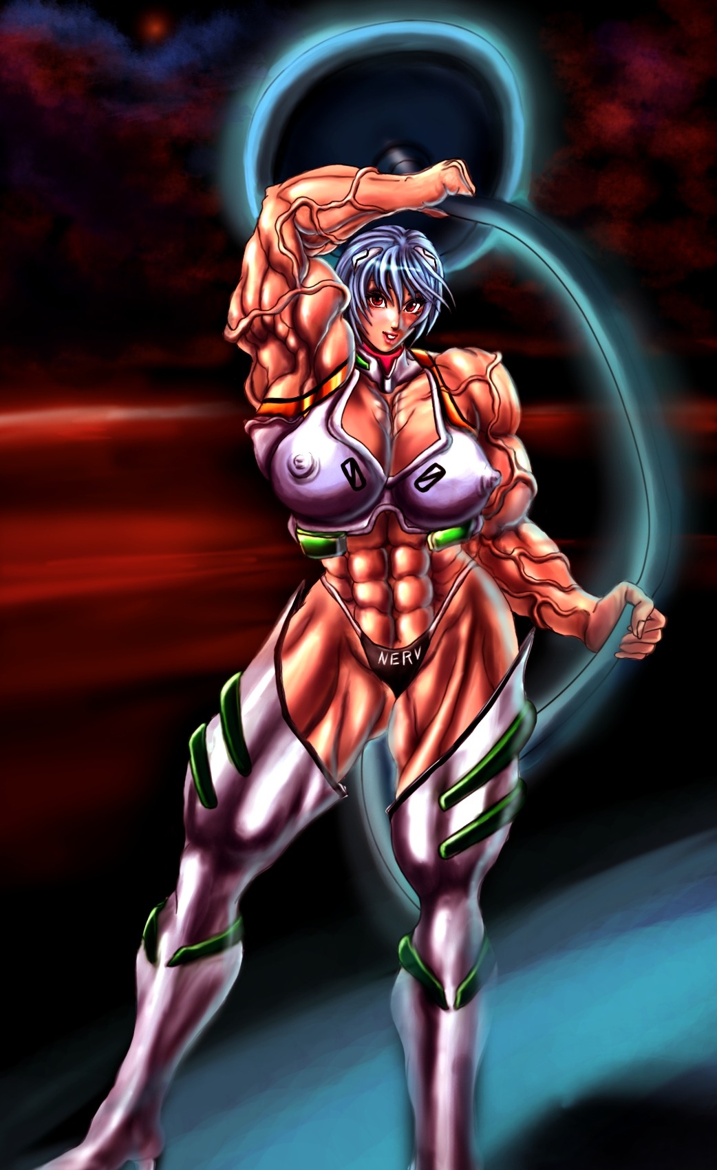 abs barbell bending bikini breasts dumbbell extreme_muscles female highres large_breasts muscles muscular muscular_female neon_genesis_evangelion rei_ayanami rule34 s20k00y short_hair straight_hair swimsuit thighhighs veins weights workout