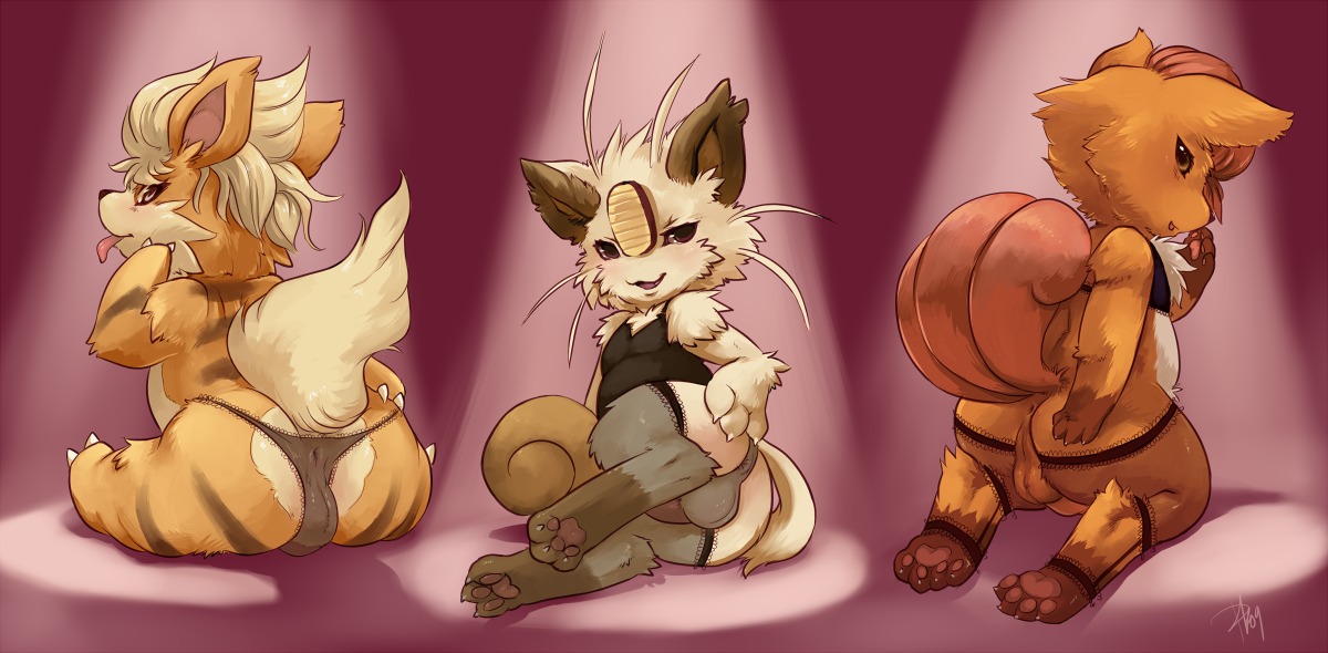 2009 anthro blush bulge canine crossdressing feline femboy fur furry furry_tail growlithe lingerie male male_only meowth multi_tail nintendo pokemon pokemon_(species) purplekecleon rule34 straight_hair tail trap underwear vulpix