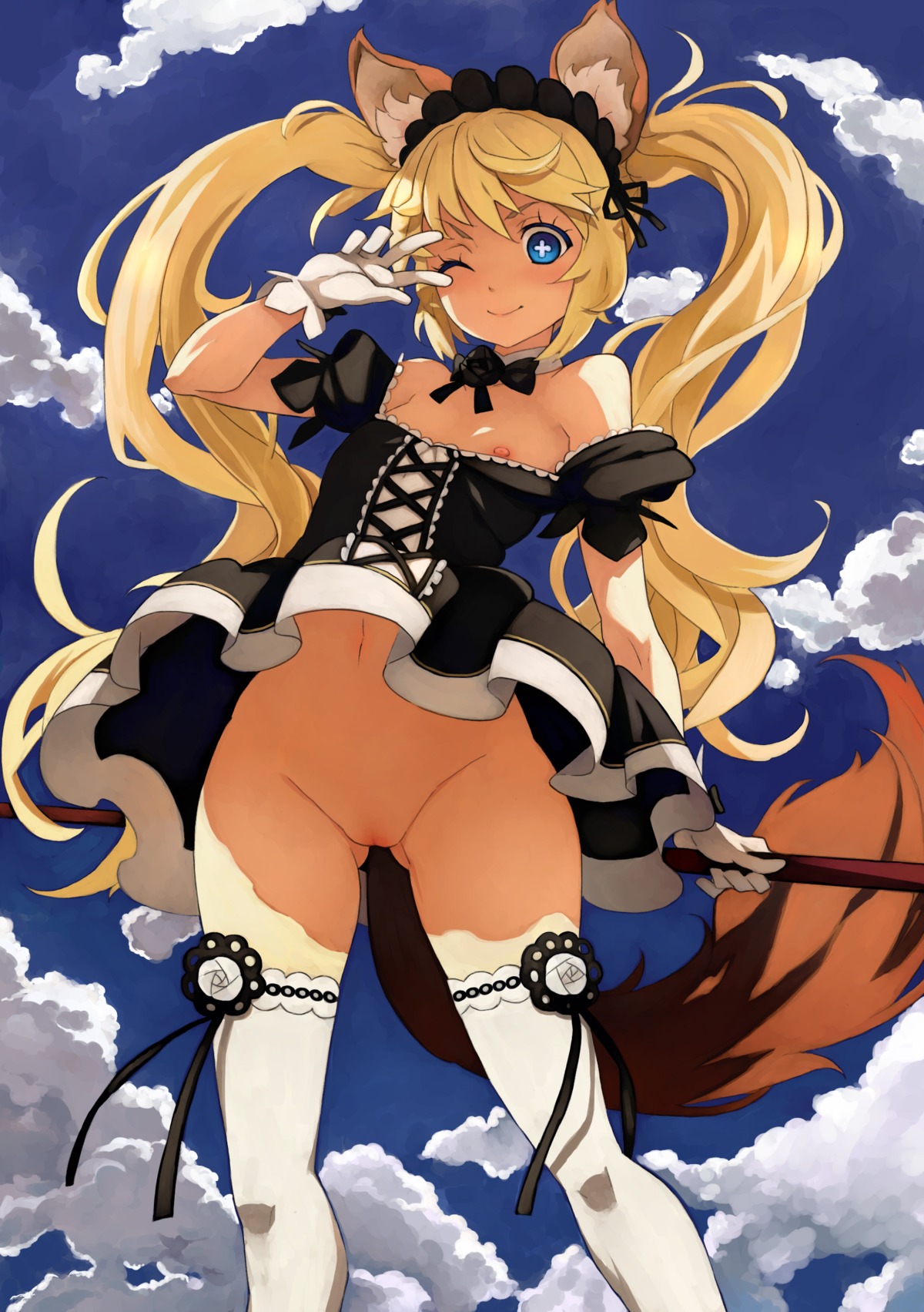 absurd_res animal_humanoid blonde_hair blue_eyes blush breasts choker clothed clothing cloud dress e621 elin female flat_chested genitals gesture gloves hair hand_gesture handwear hi_res holding_object humanoid jewelry lacing legwear long_hair looking_at_viewer mammal necklace nipples no_underwear one_eye_closed outside penguin_caee pigtails sky smile solo tail tera_online thigh_highs v_sign vulva white_clothing white_gloves white_handwear wink