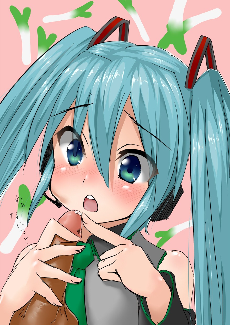 1boy 1girl aqua_eyes aqua_hair blue_eyes blush censored detached_sleeves female hatsune_miku headset hetero long_hair necktie open_mouth penis precum rule34 solo_focus tagme twintails vocaloid
