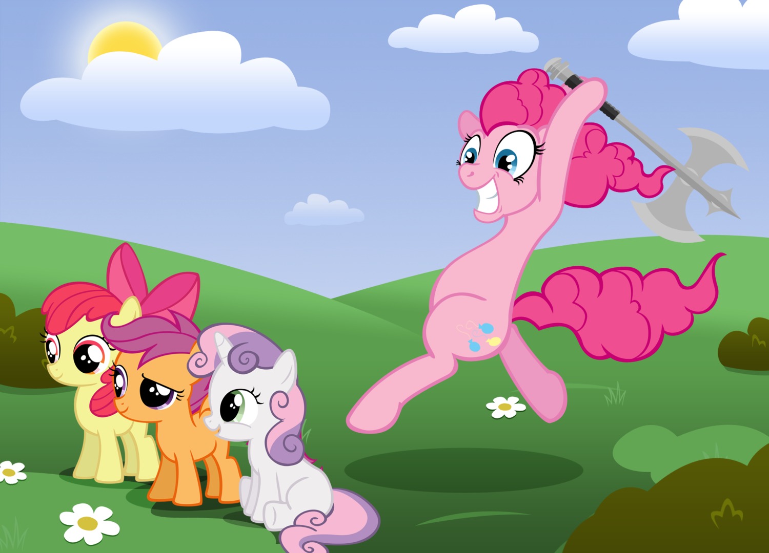 2011 accessory apple_bloom_(mlp) axe blue_eyes bow_(feature) bow_accessory bow_ribbon cloud cutie_mark cutie_mark_crusaders_(mlp) e621 earth_pony equid equine evil_grin feathered_wings feathers female feral flower friendship_is_magic fur green_eyes group hair hair_accessory hair_bow hair_ribbon hasbro hi_res horn horse insane long_hair mammal melee_weapon moongazeponies multicolored_hair my_little_pony mythological_creature mythological_equine mythology open_mouth orange_body orange_feathers orange_fur outside pegasus pink_body pink_eyes pink_fur pink_hair pinkie_pie_(mlp) plant pony psycho_pie purple_eyes purple_hair red_hair ribbons scootaloo_(mlp) short_hair sky smile sun sweetie_belle_(mlp) two_tone_hair unicorn weapon white_body white_fur wings young young_feral