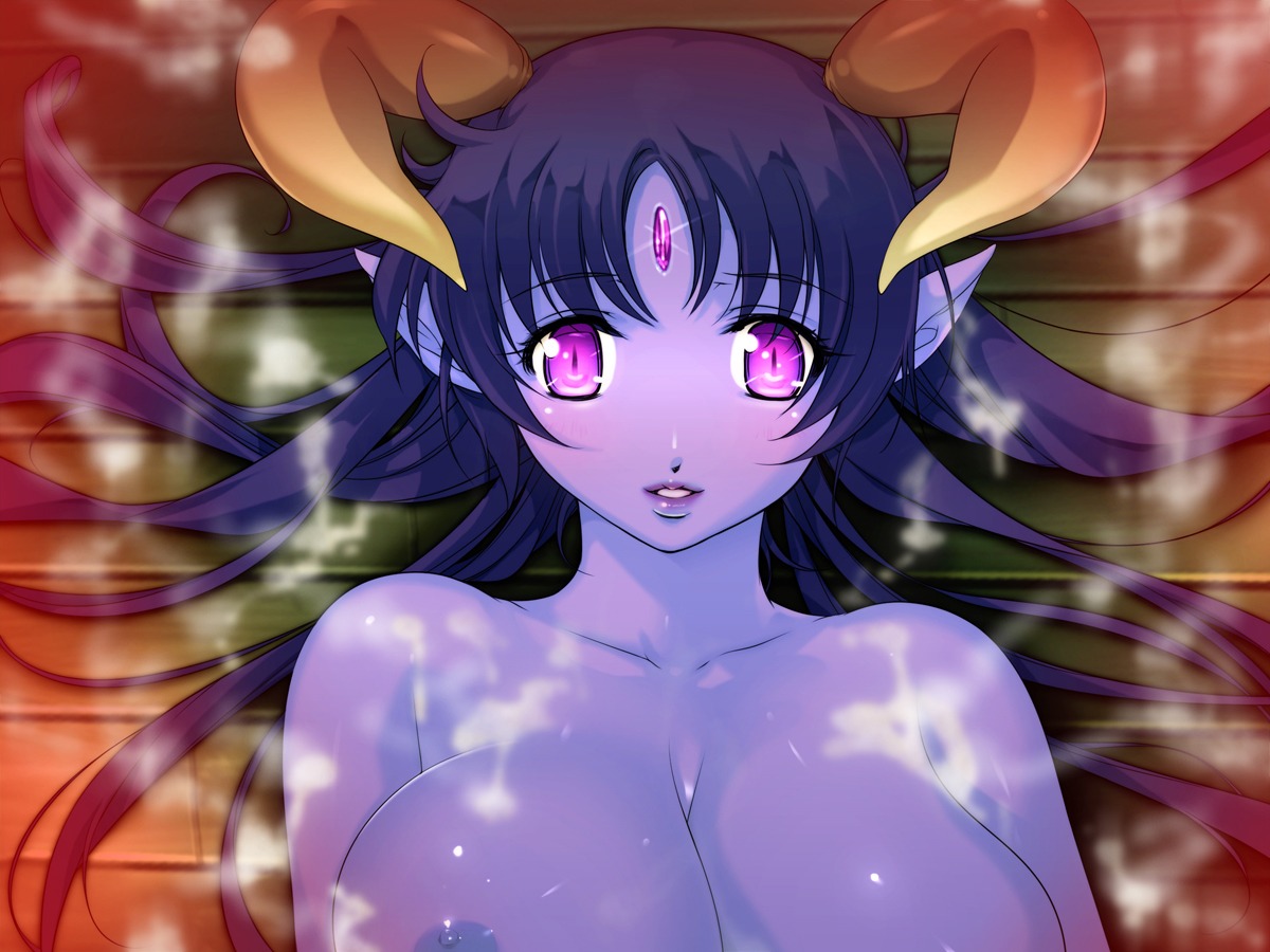 black_hair blush breasts cum demon demon_girl elf female gem horns huge_breasts jewel monster_girl night_elf nipples pointy_ears purple_eyes rule34 warcraft yoko_jyusuke