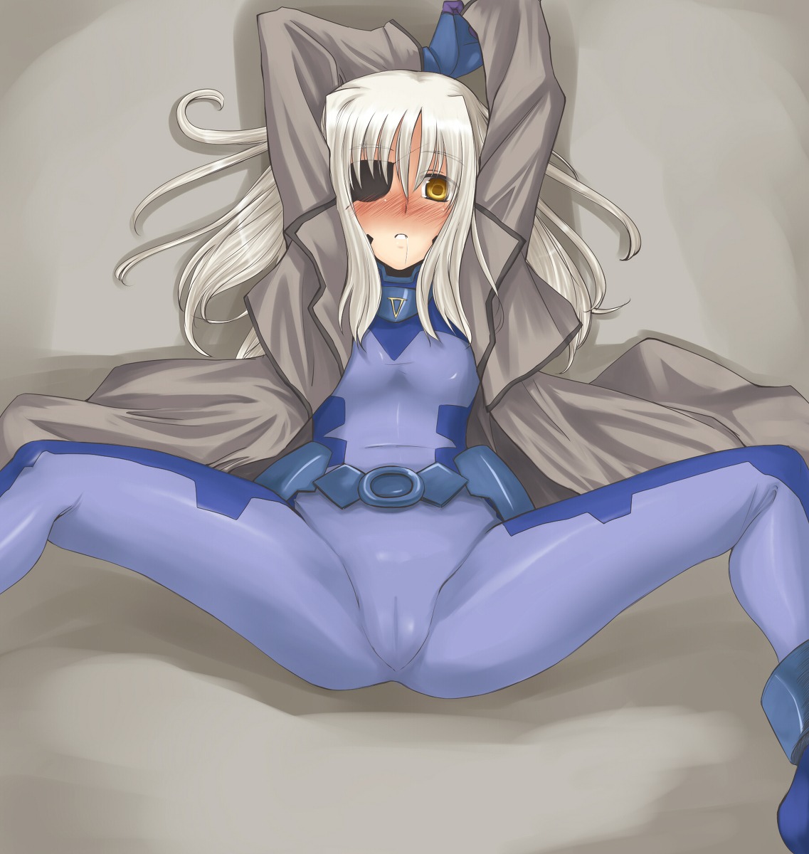 blush bodysuit cameltoe cinque eye_patch face fat_mons female highres latex lyrical_nanoha mahou_shoujo_lyrical_nanoha_strikers numbers_(nanoha) oyamada_masaki pussy rule34 silver_hair spread_legs tagme yellow_eyes