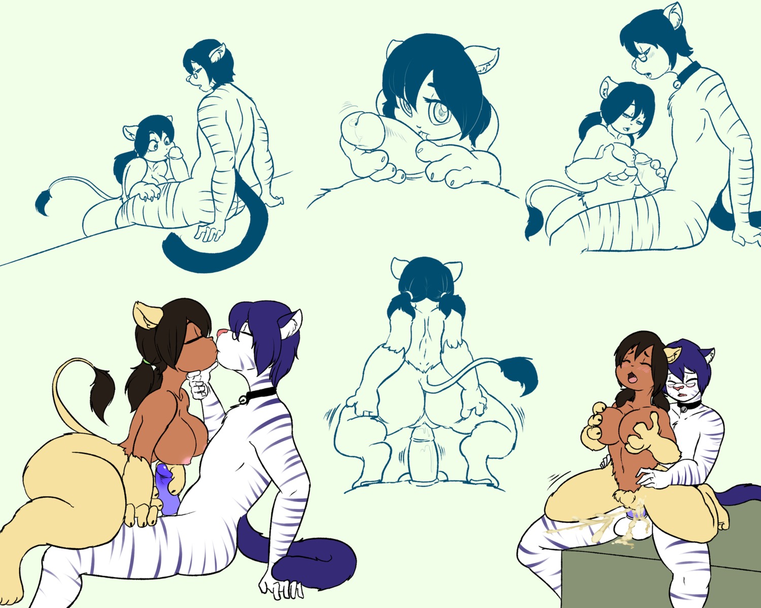 5:4 anthro bodily_fluids crouching cum cum_inside domestic_cat duo e621 erection felid feline felis female female_on_top female_penetrated genital_fluids genitals hi_res kaboozle kissing licking lion male male/female male_on_bottom male_penetrating male_penetrating_female mammal multiple_images mythological_creature mythological_sphinx mythology on_bottom on_top oral pantherine penetration penile penile_penetration penis penis_in_vagina penis_lick pigtails reverse_cowgirl_position sex size_difference tongue tongue_out toyger toyger_chives vaginal vaginal_penetration