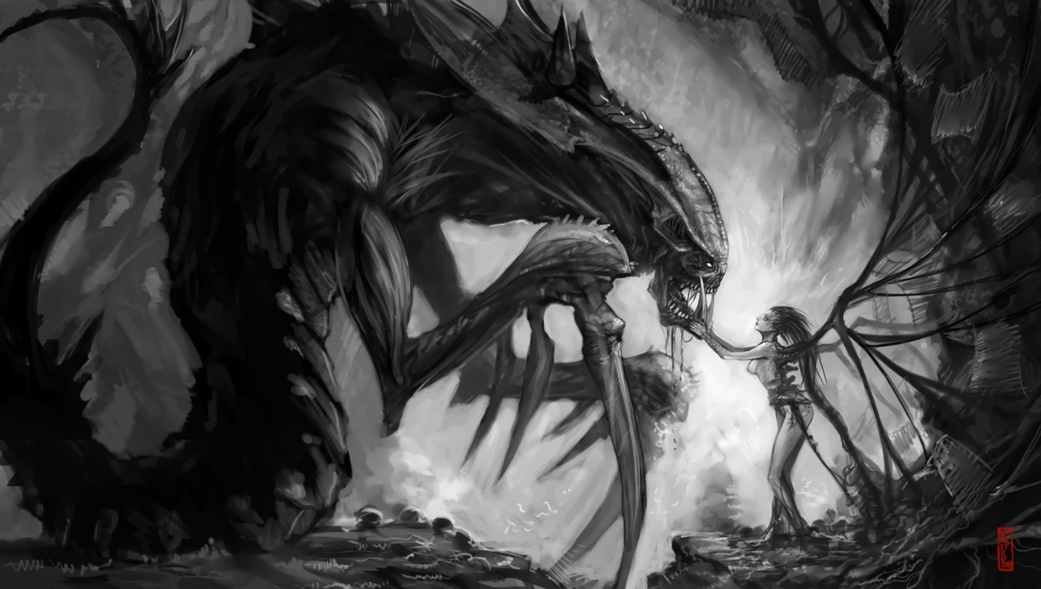 1girls 1monster breasts female greyscale huge_monster hydralisk larger_male male monochrome monster queen_of_blades rule34 sarah_kerrigan size_difference smaller_female starcraft tagme zerg