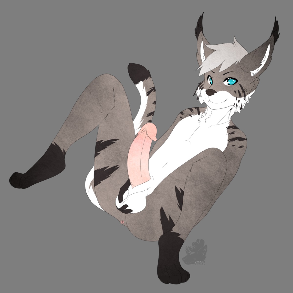 1:1 alpha_channel anus ball_fondling balls blue_eyes e621 erection felid feline fondling genitals hi_res humanoid_genitalia humanoid_penis looking_at_viewer lynx male mammal nude penis presenting simple_background smile solo spread_legs spreading strive transparent_background
