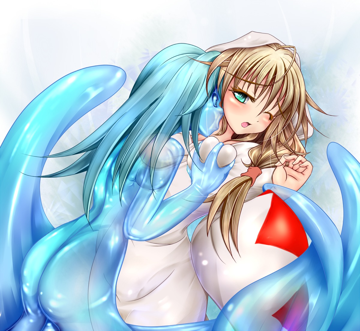 blonde_hair blush breast_squeeze breasts female final_fantasy final_fantasy_tactics final_fantasy_tactics_(original) goo_girl green_eyes monikano monster_girl multiple_females multiple_girls robe rule34 slime slime_girl white_mage white_mage_(fft) yuri