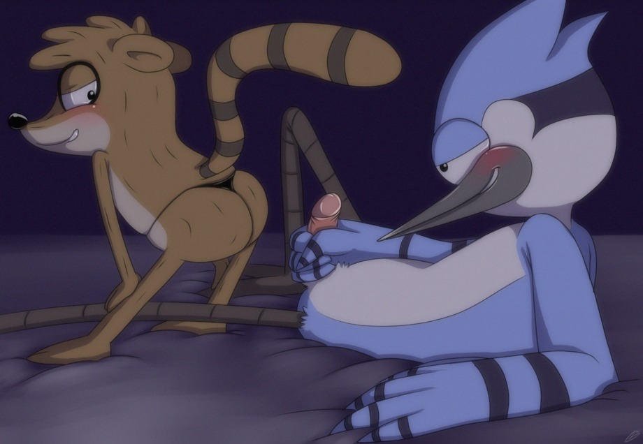 2014 anthro avian beak bed bird black_clothing black_underwear blue_jay bluechika blush butt cartoon_network clothing corvid digital_media_(artwork) duo e621 erection furniture g-string genitals humanoid_genitalia humanoid_penis jay_(bird) lying male male/male mammal masturbation mordecai_(regular_show) new_world_jay on_bed oscine passerine penile penile_masturbation penis presenting presenting_hindquarters procyonid raccoon regular_show rigby_(regular_show) teasing thong underwear