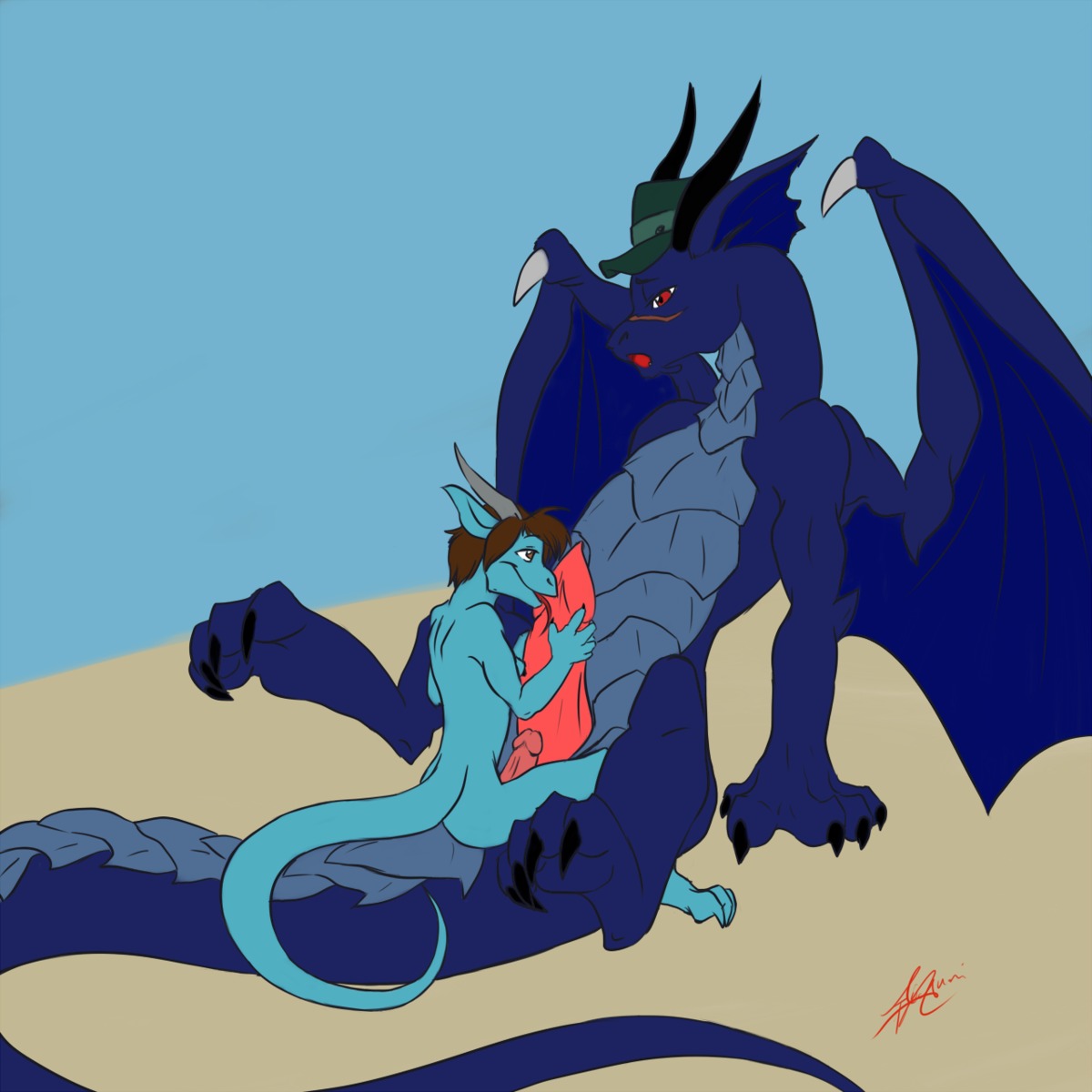 1:1 anthro anthro_on_feral bestiality claws clothing dragon duo e621 erection european_mythology feral frottage genitals hat headgear headwear hi_res horn humanoid_genitalia humanoid_penis larger_male licking male male/male membrane_(anatomy) membranous_wings mythological_creature mythological_scalie mythology nude penile penis penises_touching romantic romantic_couple scalie sex simple_background size_difference smaller_male tail thick_tail tongue tongue_out unknown_artist western_dragon wings