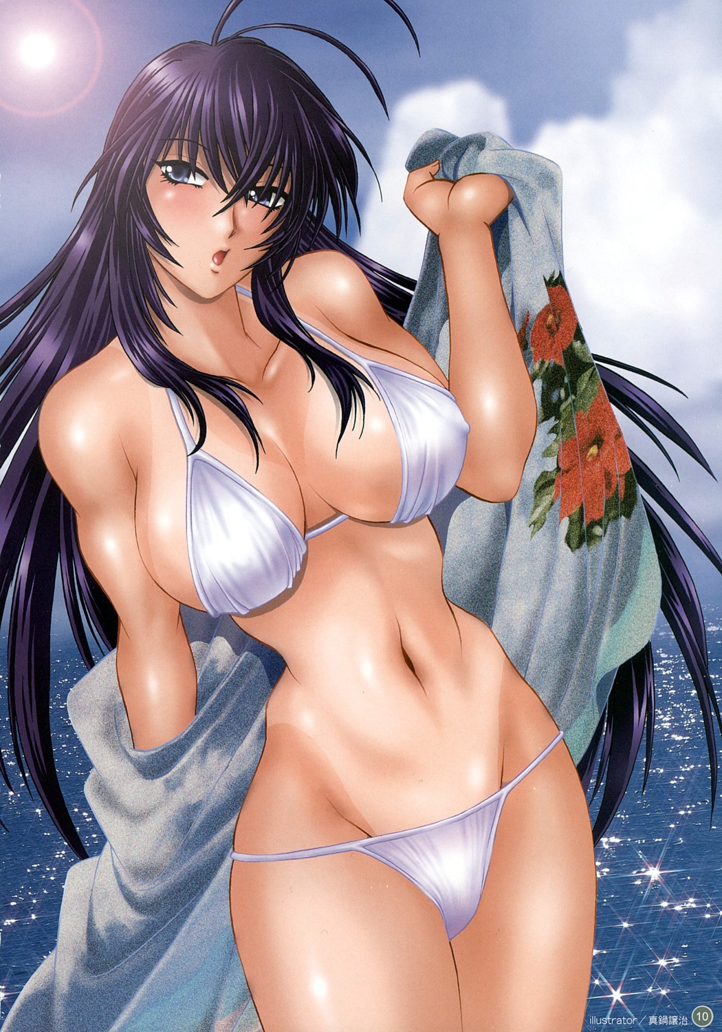 bikini blue_eyes breasts dark_skin fanbook female highres ikkitousen kanu_unchou manabe_jouji mizugi muscles official_fanbook open_mouth page_10 page_number purple_hair rule34 scan swimsuit tanlines tanned toned toranoana towel