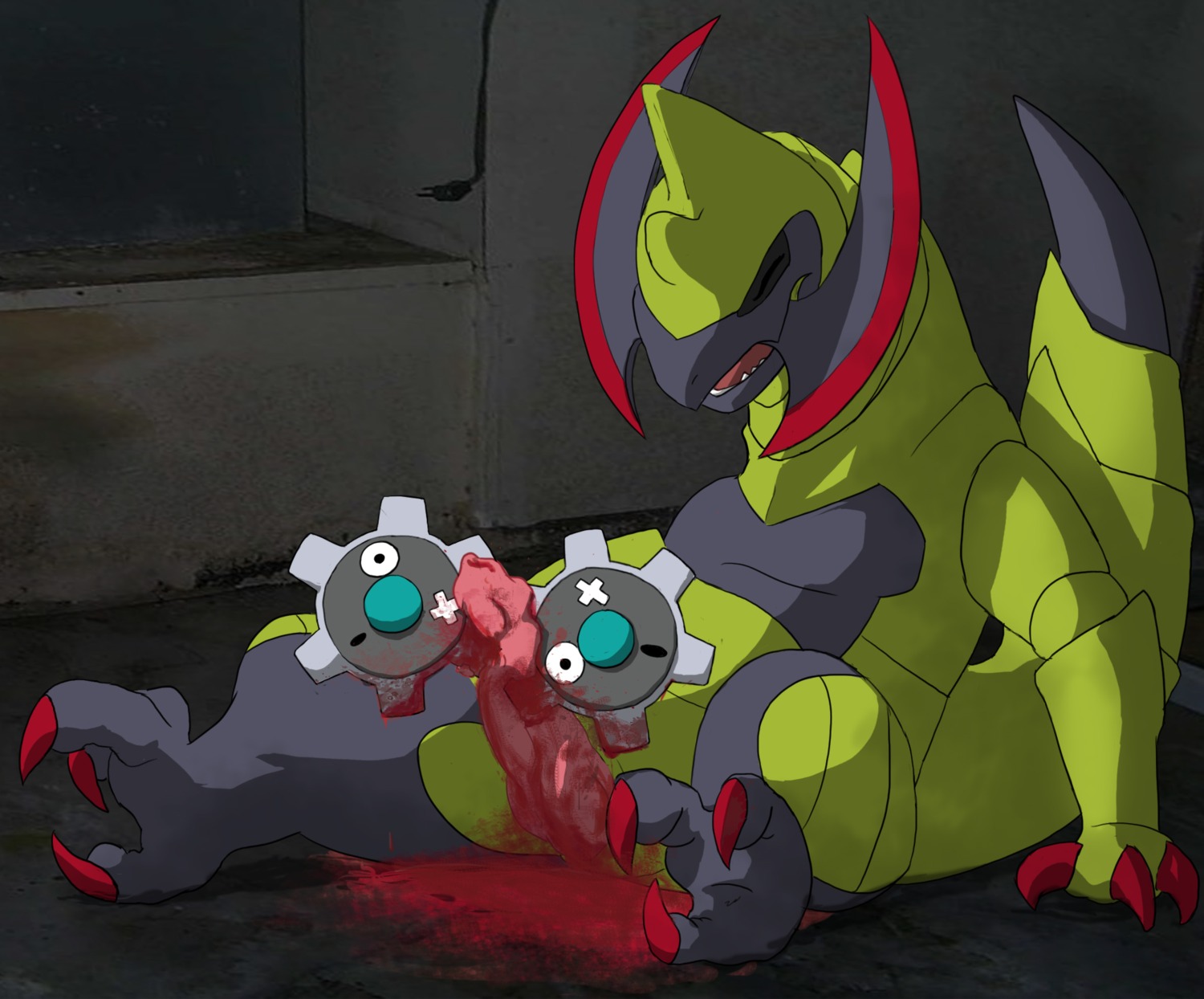 animal_genitalia animal_penis blood blood_from_penis bodily_fluids claws cock_and_ball_torture e621 erection eyes_closed foreskin generation_5_pokemon genital_mutilation genital_torture genitals gore gore_focus haxorus hi_res interspecies klink male mutilation nintendo pain penis pokemon pokemon_(species) sexymel tail