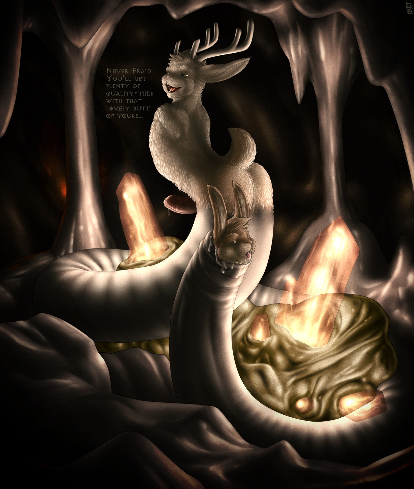 absorption_vore ambiguous_gender amputee anal anal_vore anthro antlers anus apode bodily_fluids butt cave dark dialogue digital_media_(artwork) disability draconcopode duo e621 english_text erection feet_first foreskin genital_fluids genitals hi_res horn humanoid_genitalia humanoid_penis jackalope lagomorph lamia legless leporid long_foreskin male male/ambiguous mammal mot nightmare_fuel nude partially_inside penis penis_creature precum rabbit reptile scalie serpentine snake split_form text tongue uniped vein vore