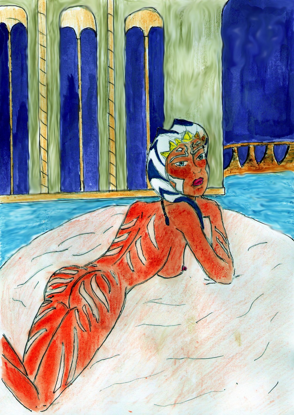 1girls ahsoka_tano ass big_breasts blue_eyes breasts clone_wars drawn female female_focus female_only looking_at_viewer looking_back nipples nude on_stomach poorly_drawn pose rule34 senentorus sideboob simple_background solo star_wars the_clone_wars:_season_four togruta