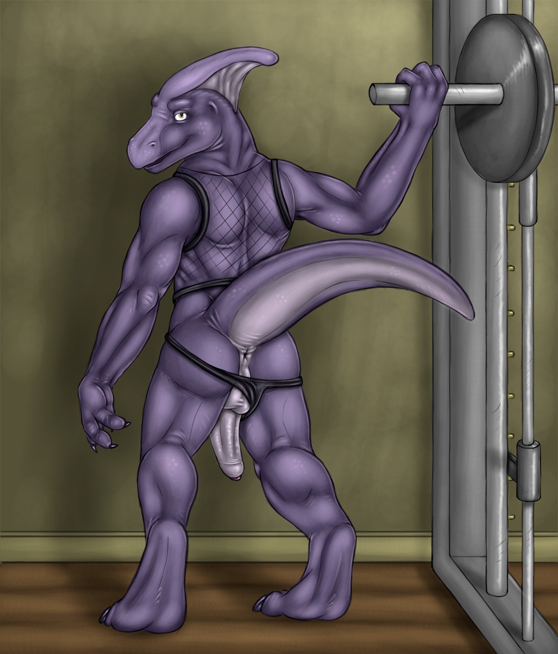 anthro anus backsack balls biped butt claws clothed clothing clothing_aside dinosaur e621 erection fishnet_clothing flaccid foreskin genitals hadrosaurid half-erect hi_res hildale humanoid_genitalia humanoid_penis looking_at_viewer looking_back male muscular muscular_anthro muscular_male nekrall ornithischian ornithopod panties panties_down parasaurolophus partially_clothed penis pink_body pink_skin pose prehistoric_species purple_body raised_tail rear_view reptile scalie shirt solo speedo standing swimwear tail tank_top toe_claws topwear underwear underwear_aside underwear_down