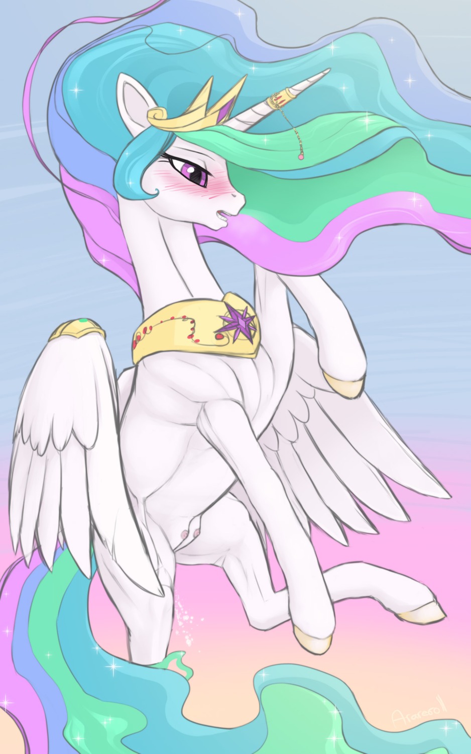 arareroll blush bodily_fluids clothing crown digital_media_(artwork) e621 ejaculation equid equine feathered_wings feathers female feral footwear friendship_is_magic fur genital_fluids hair hasbro headgear hi_res horn jewelry long_hair mammal multicolored_hair my_little_pony mythological_creature mythological_equine mythology open_mouth orgasm princess_celestia_(mlp) purple_eyes royalty shoes simple_background slippers solo teats teeth vaginal_fluids vaginal_squirting white_body white_feathers white_fur winged_unicorn wings