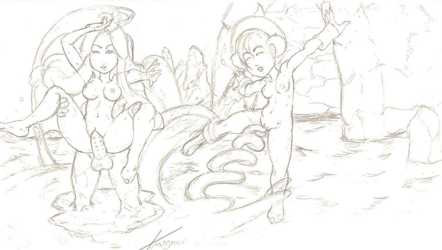 2girls avatar_legends avatar_the_last_airbender black_and_white breasts erect_penis female human inuit katara male penis rule34 sex small_breasts straight straight_hair toph_bei_fong travis_green water