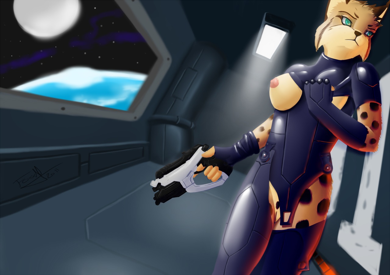 2011 anthro armor bioware breasts e621 electronic_arts felid feline female foxxj genitals gun light lynx mammal mass_effect moon nipples planet ranged_weapon solo space unconvincing_armor vulva weapon