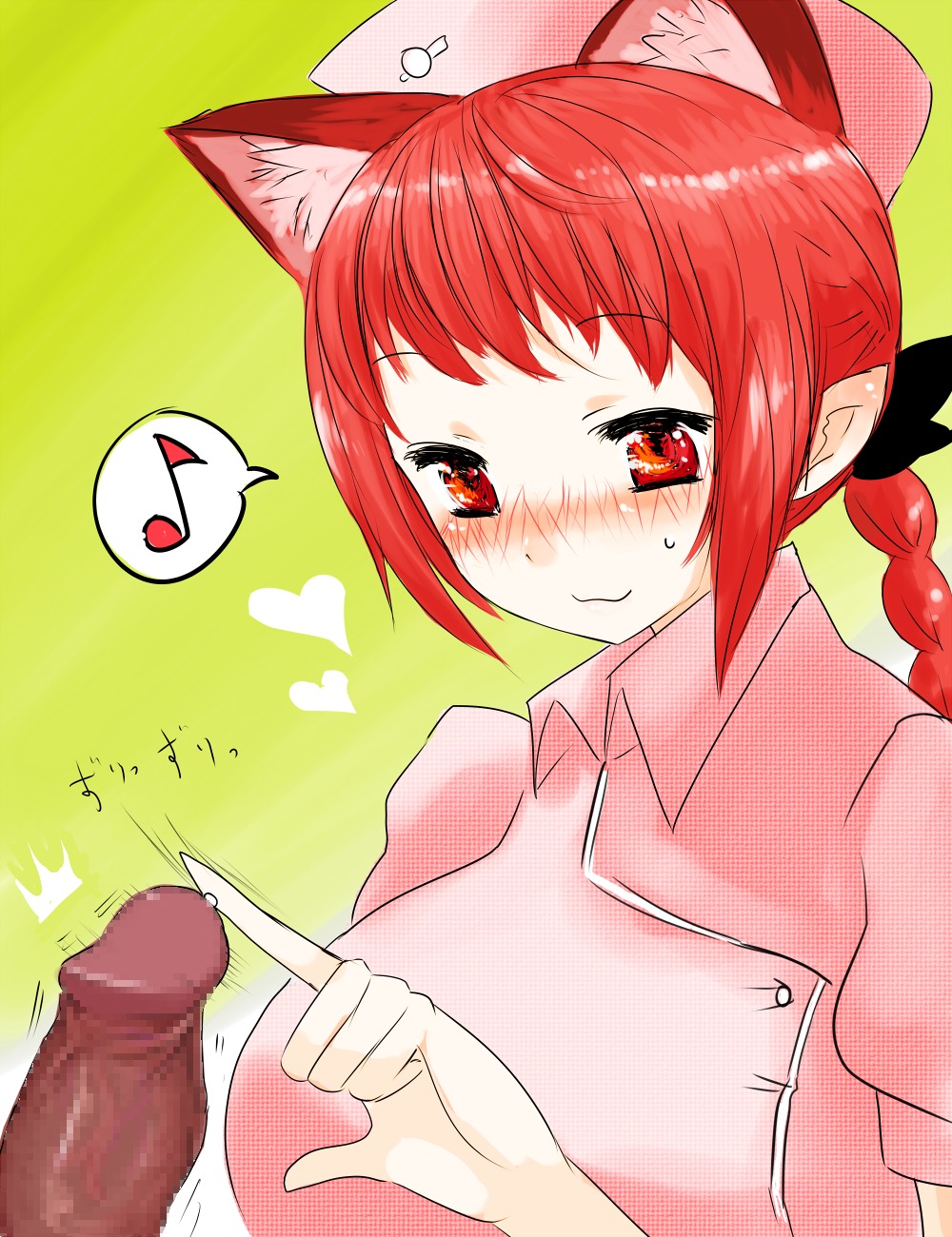1boy 1girls animal_ears blush braid breasts cat_ears dark-skinned_male dark_skin female han64 han_(jackpot) highres large_breasts light-skinned_female light_skin male nurse penis red_eyes red_hair rin_kaenbyou rule34 solo spoken_musical_note touhou