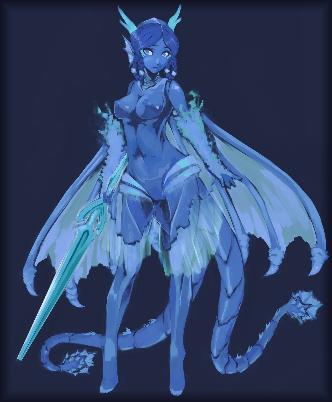 animal_humanoid blue_background blue_body blue_eyes blue_hair blue_skin blue_theme braided_hair breasts censor_removal_edit e621 female fin genitals hair head_fin hi_res holding_melee_weapon holding_object holding_sword holding_weapon humanoid kozou looking_at_viewer melee_weapon monster_girl_(genre) multi_tail nipples pigtails simple_background solo standing sword tail third-party_edit twin_braids vulva weapon