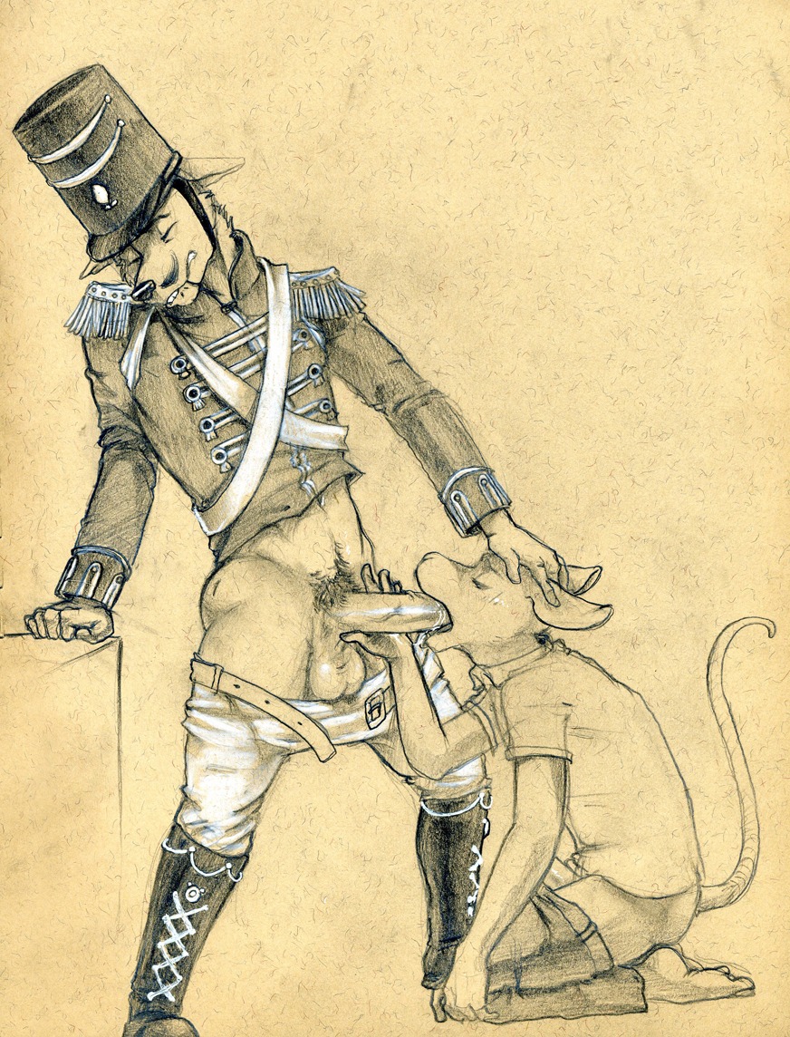anthro balls bite biting_lip biting_own_lip bottomwear bottomwear_down canid canine canis clothed clothing domestic_dog duo e621 erection eyes_closed fellatio genitals hand_on_head lips male male/male male_penetrated male_penetrating male_penetrating_male mammal military_uniform mouse murid murine napoleonic oral oral_penetration pants pants_down partially_clothed penetration penile penis rodent self_bite sex tail tongue tongue_out tush_(artist) uniform vein