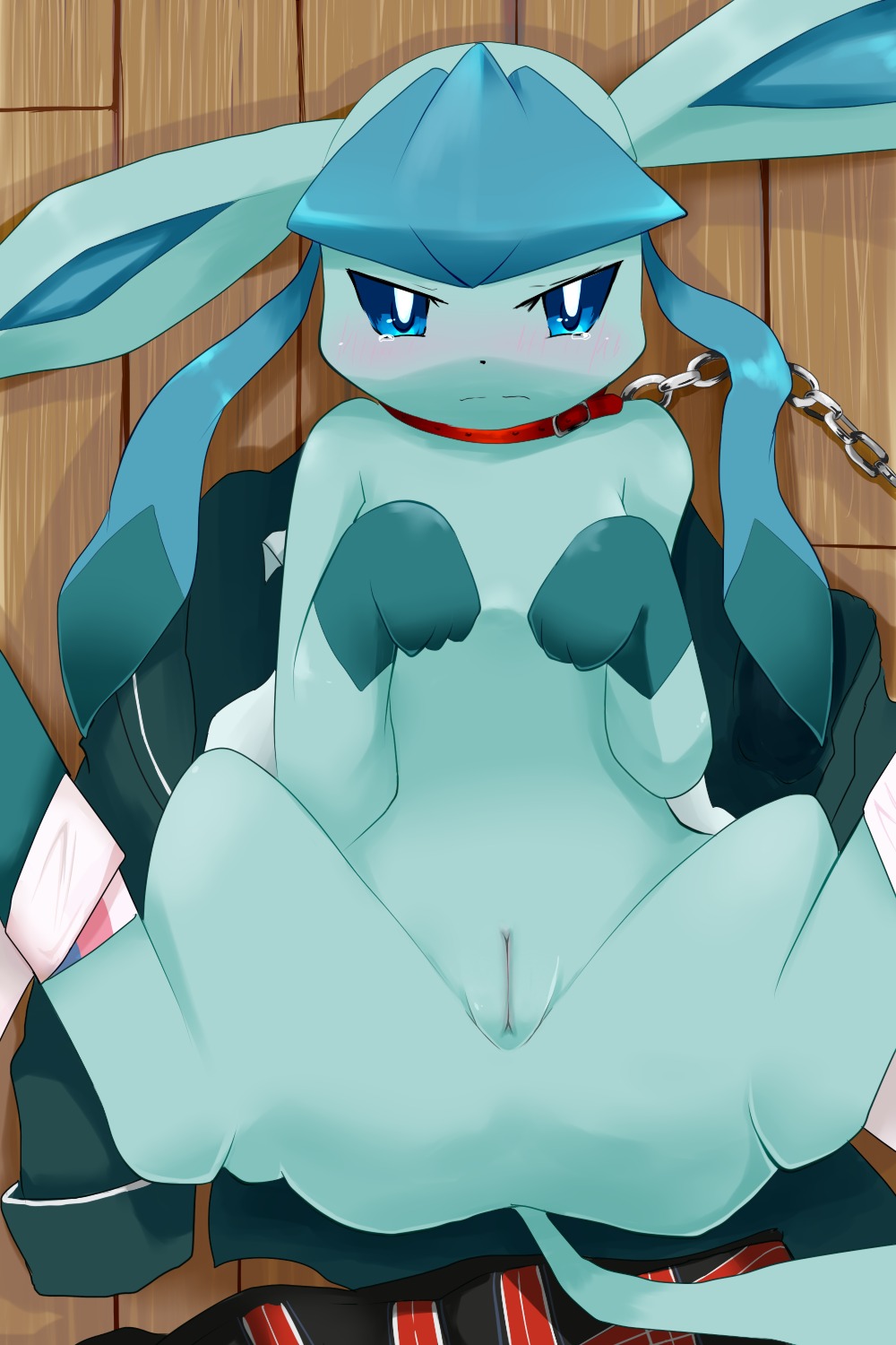 2:3 angry blue_body blue_eyes blush bodily_fluids bound canid collar e621 eeveelution female feral generation_4_pokemon genitals glaceon hi_res looking_at_viewer lying mammal nintendo paws pokemon pokemon_(species) shadow solo spread_legs spreading submissive submissive_female suisujin tears vulva すいす