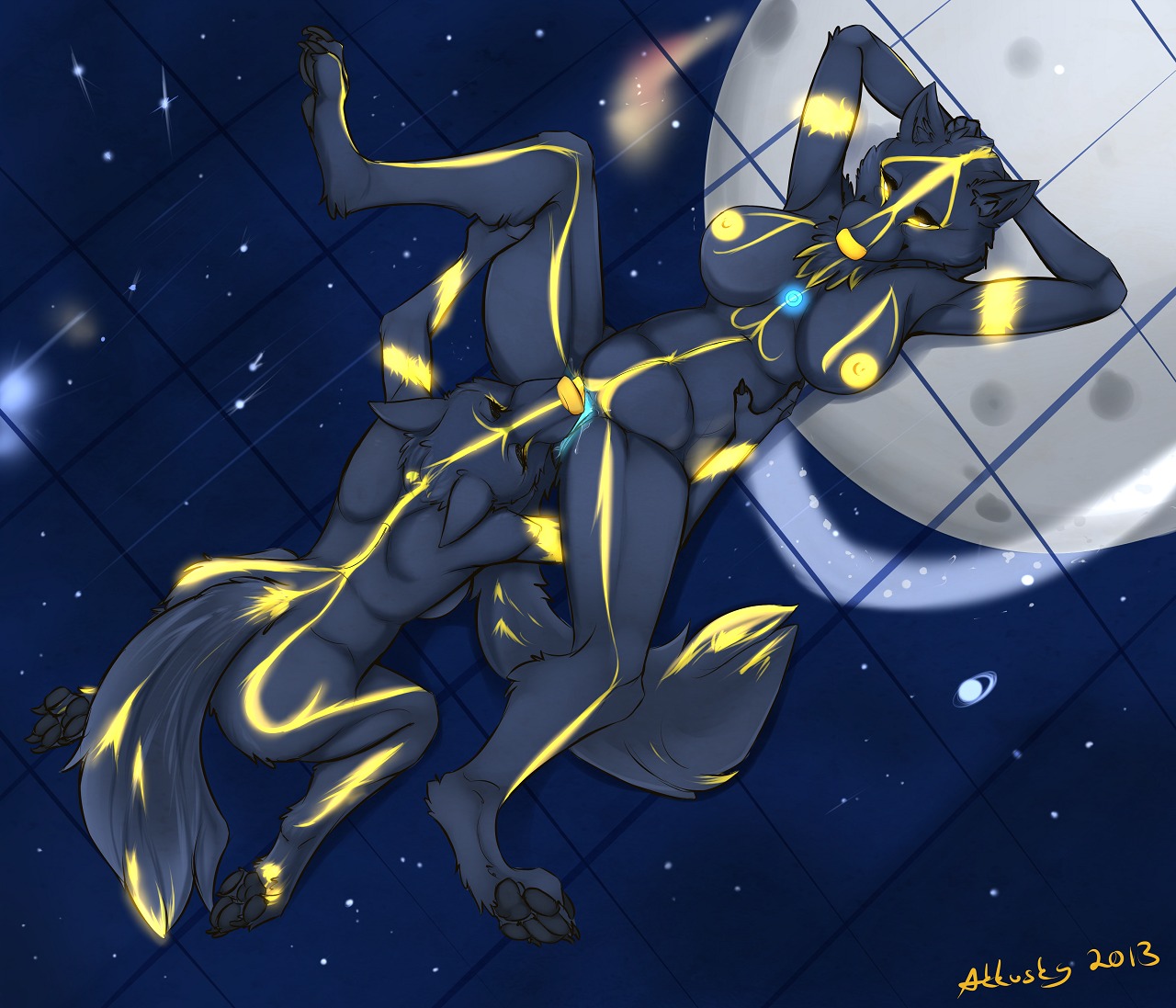 2013 akkusky anthro arms_above_head blue_body blue_fur breasts canid canine cunnilingus duo e621 facial_markings female female/female fur genitals glowing glowing_eyes glowing_markings glowing_nipples glowing_tongue head_markings incest_(lore) licking lying mammal markings nipples nude on_back on_front oral sex side_boob space spread_legs spreading tongue tongue_out vaginal vulva yellow_markings