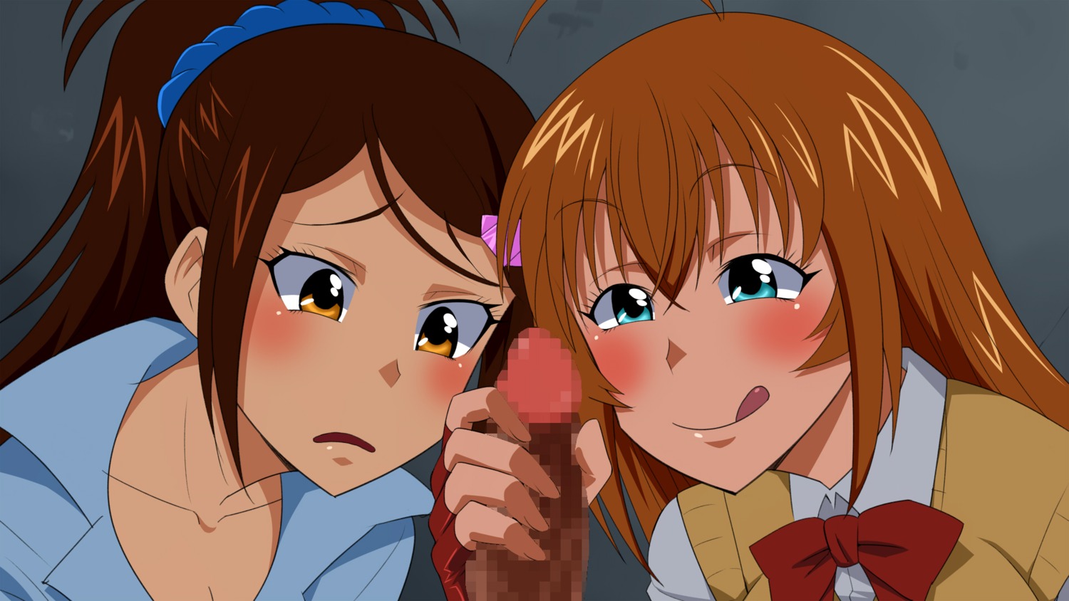 bachou_mouki blush brown_hair censored dark-skinned_male female green_eyes handjob highres hinoki ikkitousen male orange_hair penis rule34 smile sonsaku_hakufu variant_set