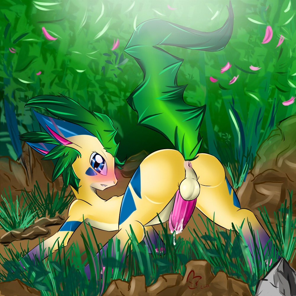 1boy anthro anus ball_(object) balls blush canine cum eeveelution forest fox fur furry generation_4_pokemon leafeon male male_only mammal nintendo penis pokemon pokemon_(species) rocks rule34 solo tail tree white_crest wood