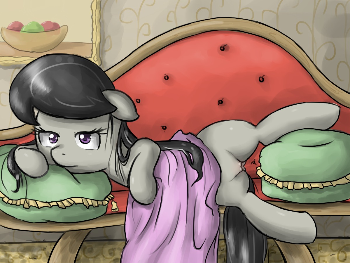 2012 4:3 black_hair e621 earth_pony equid equine eyewear female feral friendship_is_magic furniture genitals hair hasbro horse long_hair looking_at_viewer mammal my_little_pony octavia_(mlp) pillow pony purple_eyes quadruped sirachanotsauce sofa solo tail vulva