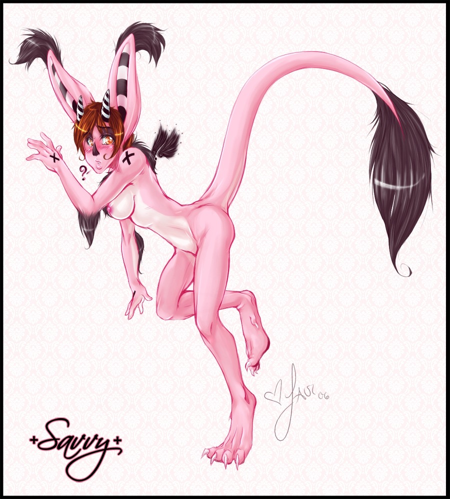 2006 2007 anthro big_ears black_body black_fur breasts chest_tuft dragon e621 feathered_wings feathers female floating_wings fur glamfur horn laur mythological_creature mythological_scalie mythology nipples non-mammal_breasts non-mammal_nipples nude orange_eyes pink_body pink_skin scalie simple_background solo tail tattoo tuft unusual_anatomy unusual_wings wings