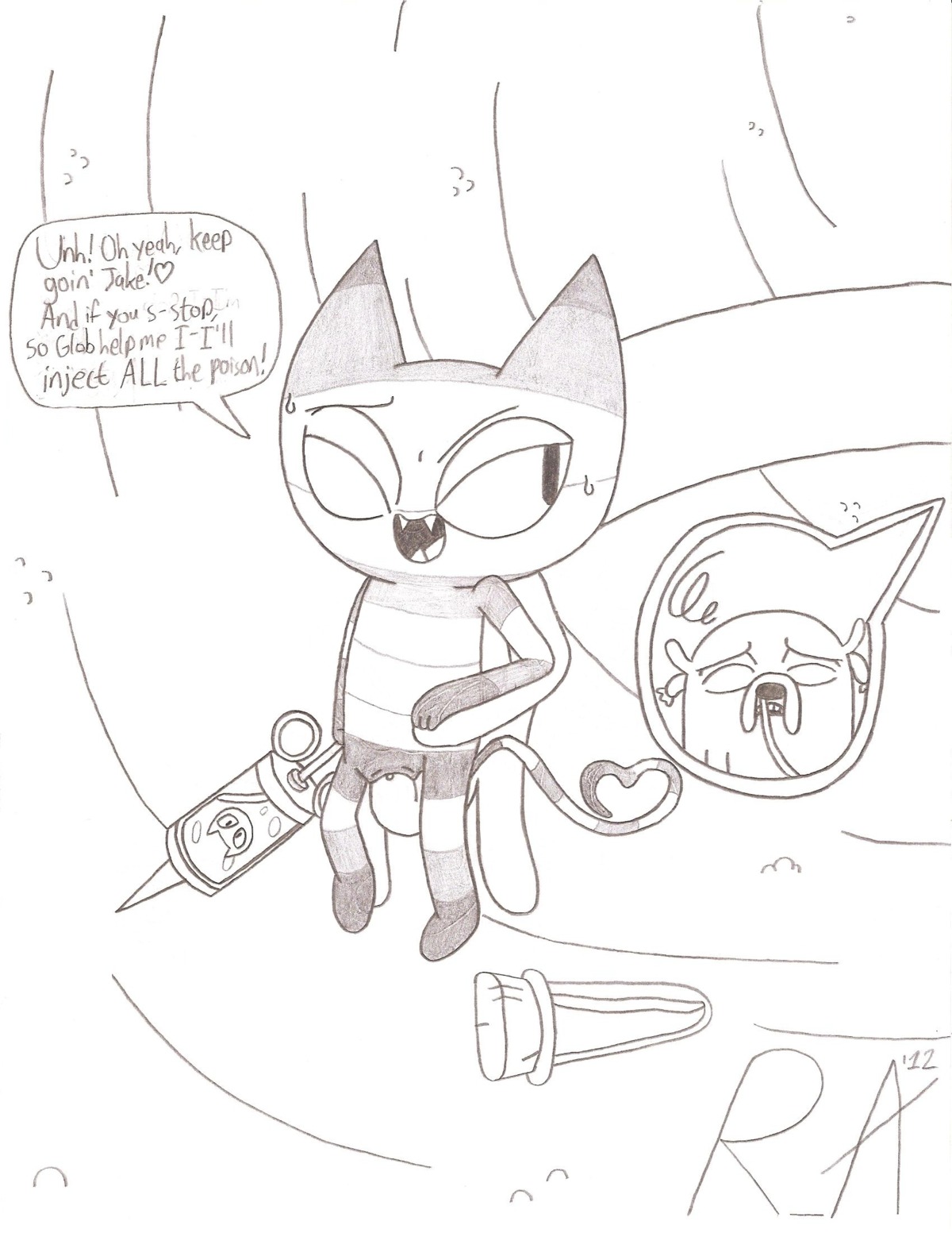 adventure_time anthro black_and_white blush cat cat_ears cat_tail closed_eyes dog dog_ears female fingering furry heart jake_the_dog male me-mow nose poison pussy random_anon rule34 size_difference sketch straight sweat syringe tail