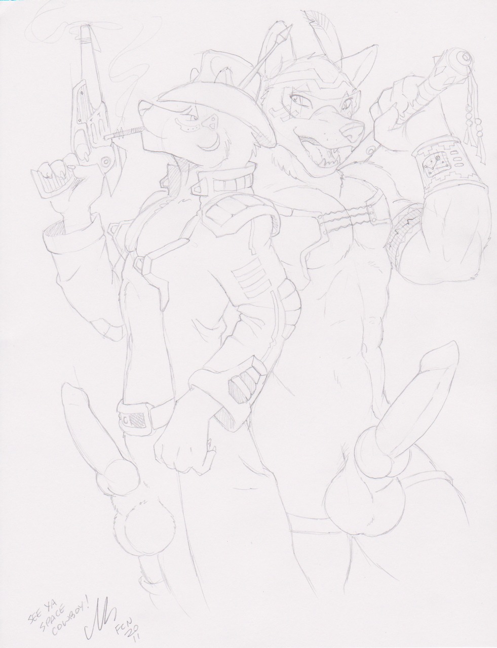 2011 anatomically_correct anatomically_correct_genitalia anatomically_correct_penis animal_genitalia animal_penis anthro balls bottomless canid canine canine_genitalia canine_penis canis clothed clothing cosplay cowboy duo e621 erection genitals gideon graphite_(artwork) greyscale hi_res knot male male/male mammal monochrome muscular muscular_male penis simple_background sketch space traditional_media_(artwork) white_background wolf