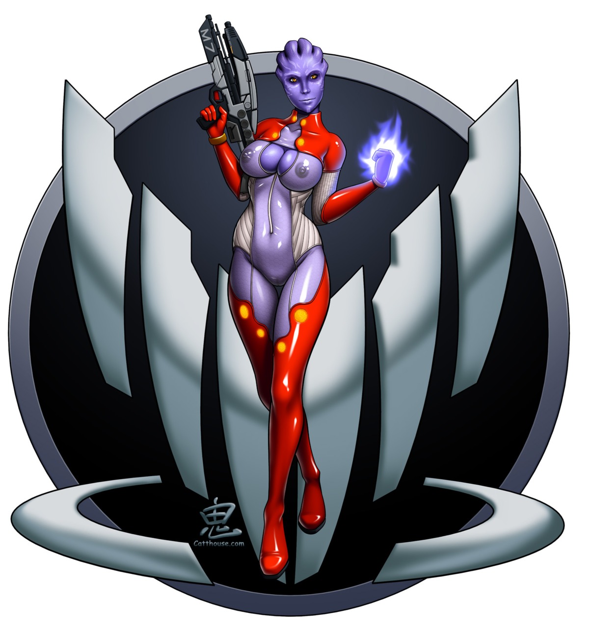 1girls 2010 2d 2d_(artwork) alien alien_girl amber_eyes artist_name asari assault_rifle big_breasts biotics blush breasts cameltoe catthouse_studios cleavage cleavage_cutout clothing collarbone curvy dark_nipples energy female female_only glowing_hand gun head_crest hourglass_figure humanoid jumpsuit labia looking_away m-8_avenger_(rifle) mass_effect navel nipples nipples_visible_through_clothing no_humans no_sex non-human oni_(artist) purple-skinned_female purple_nipples purple_skin pussy red_clothing rule34 smirk solo solo_female spectre_(symbol) superpowers symbol tevos thigh_gap weapon yellow_eyes