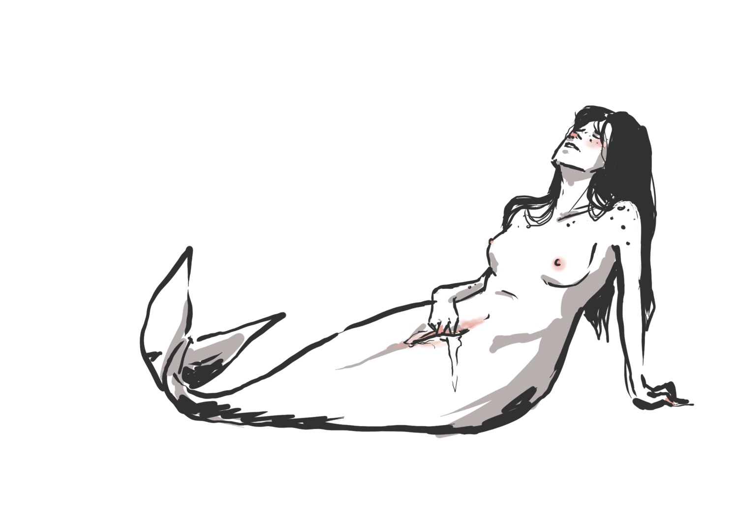 animal_humanoid aquatic aquatic_humanoid black_hair blush bodily_fluids digital_media_(artwork) e621 eyes_closed female fish fish_humanoid genital_fluids genitals hair hi_res human humanoid long_hair mammal masturbation merfolk nipples simple_background solo split_form unknown_artist vaginal vaginal_fluids vaginal_masturbation vulva white_background