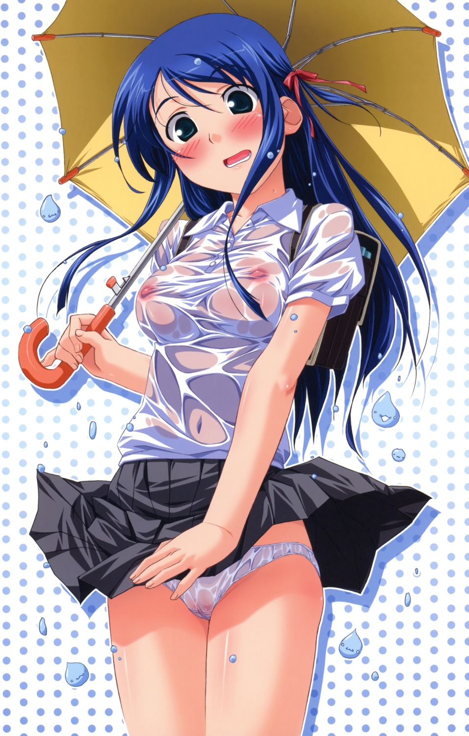 bag blue_hair blush breasts embarrassed enf erect_nipples female green_eyes hair_ribbon high_resolution holding kuuchuu_yousai long_hair miniskirt navel nipples no_bra open_mouth original outline panties pantyshot pantyshot_(standing) pleated_skirt polka_dot polka_dot_background pussy rain ribbon rule34 see-through see-through_panties skirt skirt_lift standing umbrella underwear vagina wet wet_clothes wet_panties