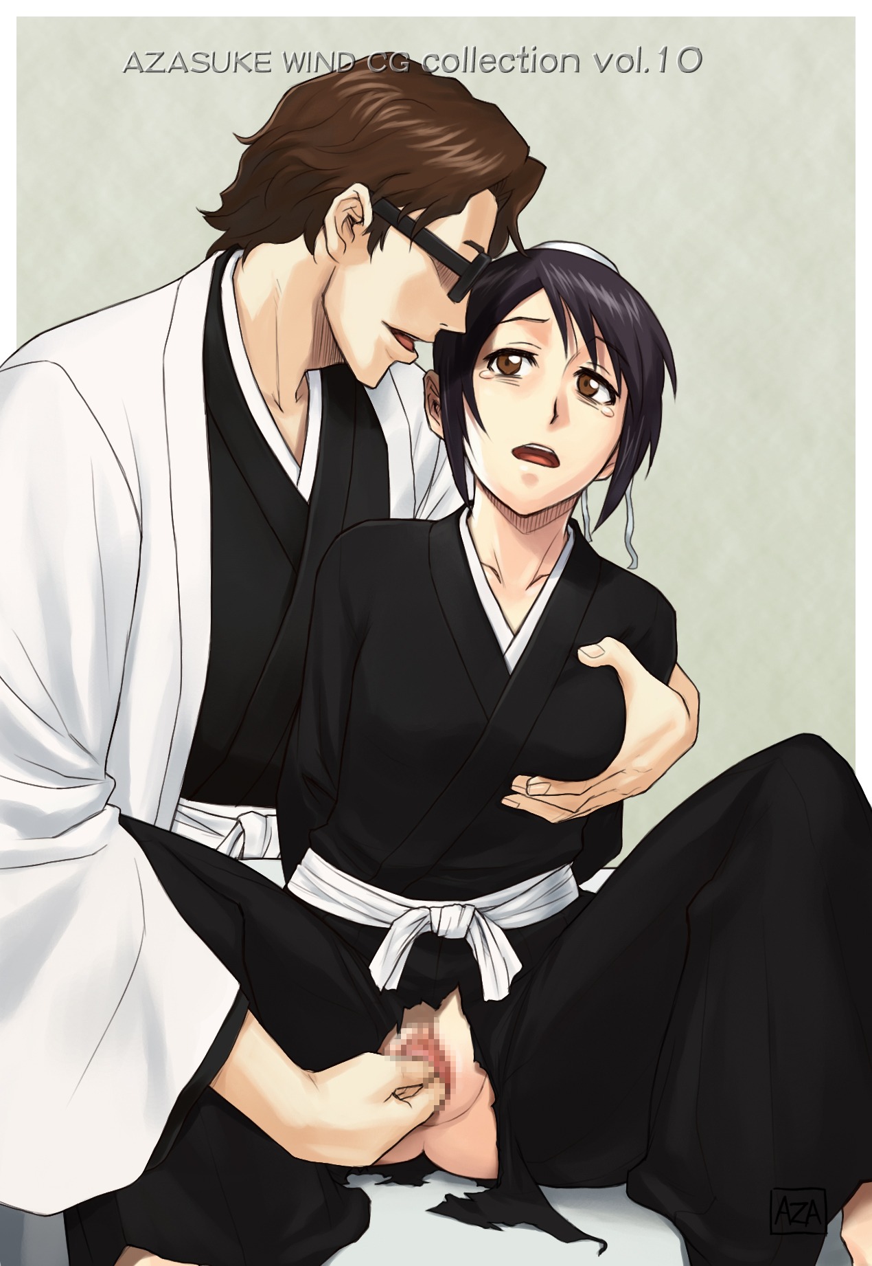 1boy 1girls aizen_sousuke azasuke black_hair bleach breast_grab breasts brown_eyes brown_hair censored female fingering glasses groping hair_bun hakama high_resolution hinamori_momo japanese_clothes male no_panties open_mouth penetration pussy rule34 shaved_pussy short_hair sitting sosuke_aizen spread_legs tears torn_clothes vaginal_penetration