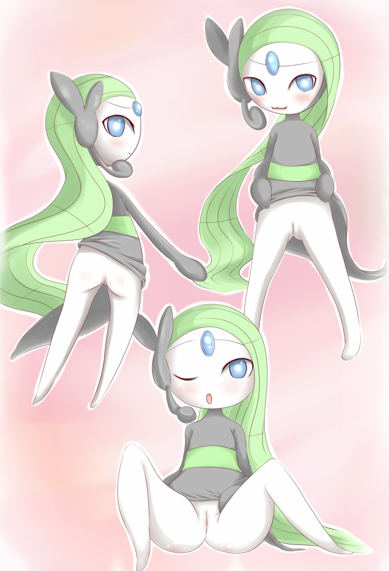 blush bottomless clothes color female female_only green_hair meloetta ninamoco pokemon pussy rule34 sitting solo standing tagme