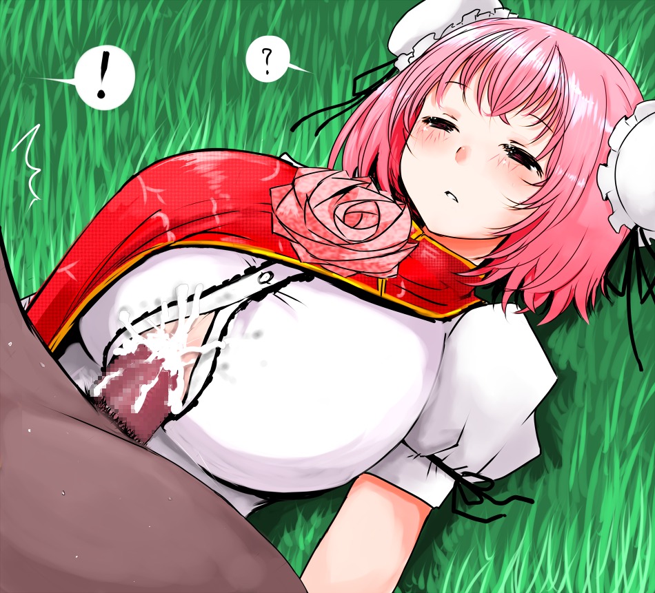 1boy 1girls breasts censored chinese_clothes cleavage cum cum_drip cum_on_body cum_on_breasts cum_on_upper_body cumshot curvy dark-skinned_male dark_skin dress erection female flower grass hair_bun han64 han_(jackpot) huge_breasts interracial kasen_ibaraki lying male no_bra outdoors outside paizuri paizuri_under_clothes penis pink_hair pixiv_manga_sample rape red_eyes rose rule34 short_hair sleepy stealth stealth_sex straight tabard touhou underboob upper_body waking waking_up