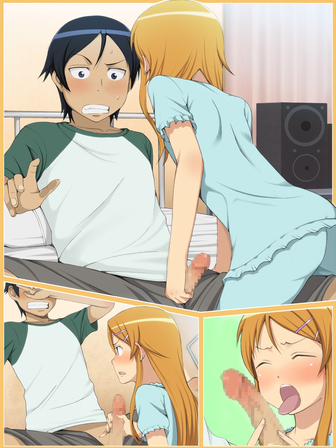 brother_and_sister female handjob highres human incest kousaka_kirino kousaka_kyousuke male orange_hair ore_no_imouto_ga_konna_ni_kawaii_wake_ga_nai penis rule34 siblings straight tongue ushisuke