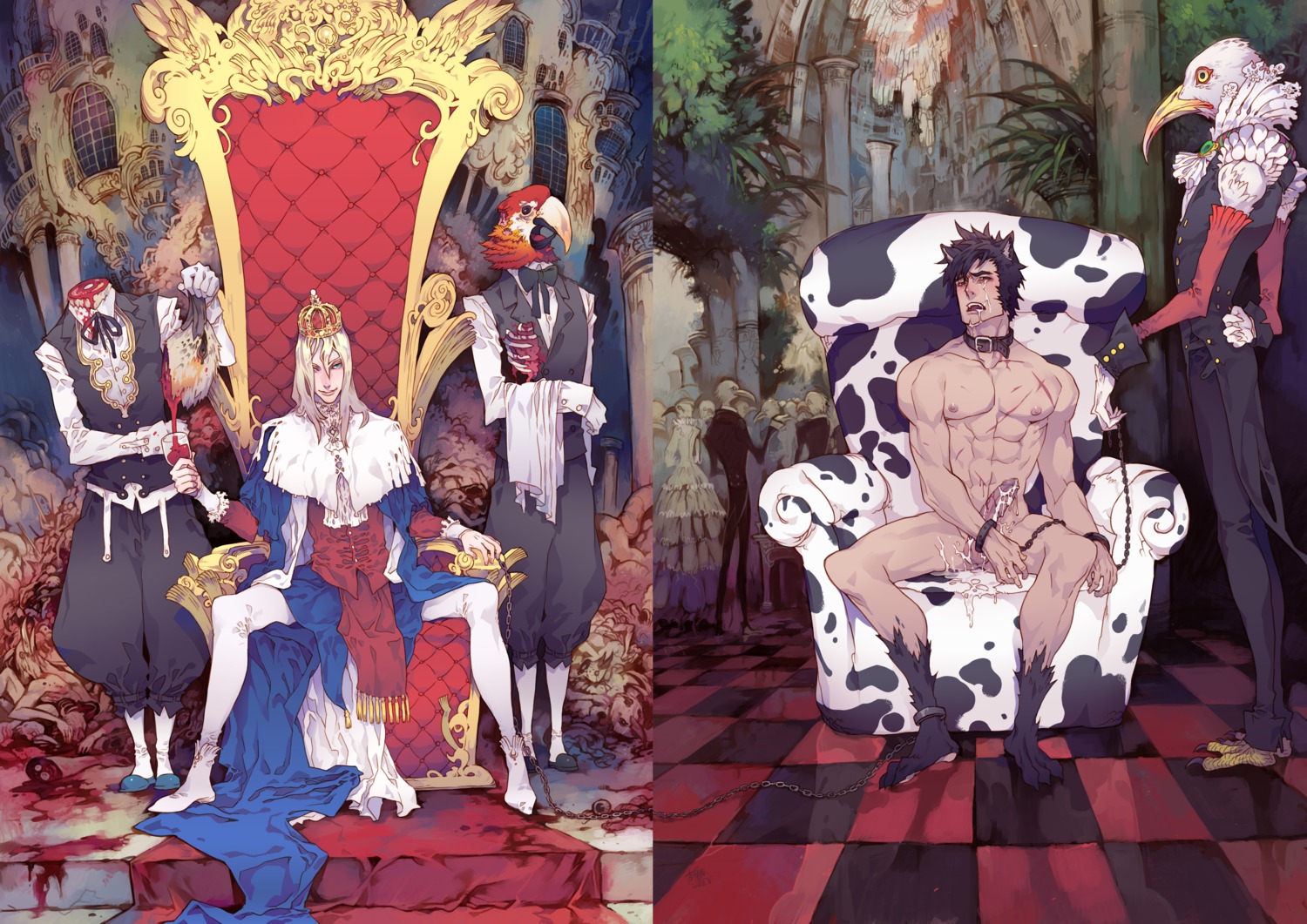 animal aqua_eyes beak bird black_eyes black_hair blonde_hair blood censored chains choker corpse cow_print crown cuffs cum decapitation dismemberment erection fangs glass gore guro highres king long_hair looking_at_viewer macaw male manacles mosaic_censoring muscles muscular nude original pale_skin parrot penis plant ribbon rule34 scar short_hair sitting smile spread_legs surreal tear throne yaoi yilee