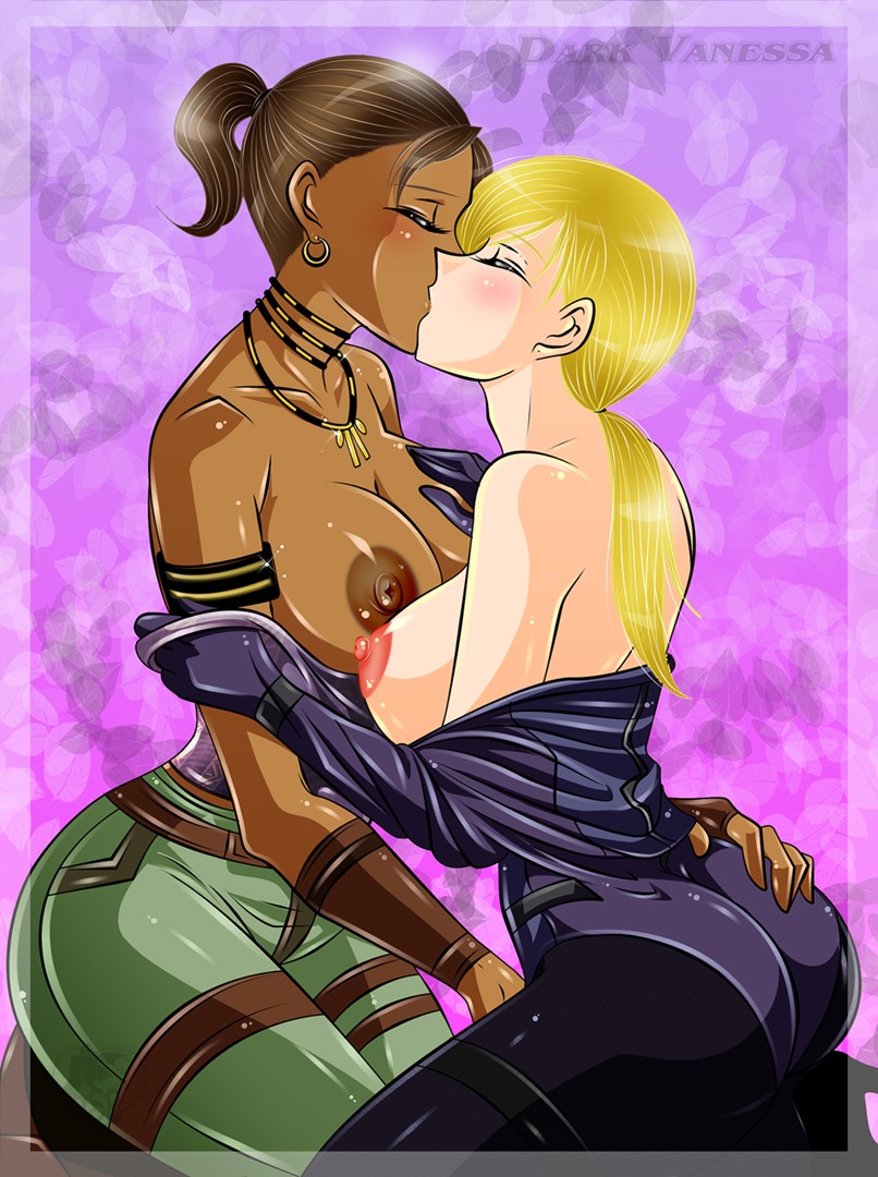2girls ass ass_grab big_breasts blonde_hair blush breast_grab breasts breasts_grab dark-skinned_female dark_skin darkvanessa female female_only fingering human interracial interracial_yuri jill_valentine jill_valentine_(blonde) jill_valentine_(julia_voth) kissing large_breasts multiple_females multiple_girls resident_evil resident_evil_5 rule34 sheva_alomar shirt_pull sweat yuri