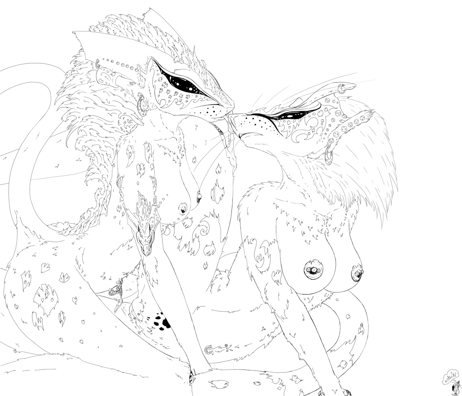 2012 big_breasts black_and_white black_eyes breasts chimera claws duo e621 ear_piercing female genitals hair hi_res hybrid kunako licking line_art long_hair monochrome nipples nude piercing simple_background spread_legs spreading tail tongue tongue_out vulva white_background
