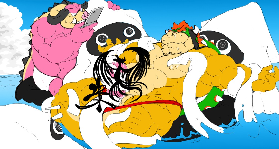 blooper bowser green_shell horns koopa male male_only mario_(series) mario_and_luigi_(series) midbus nintendo nipples rule34 shell spiky_shell tagme